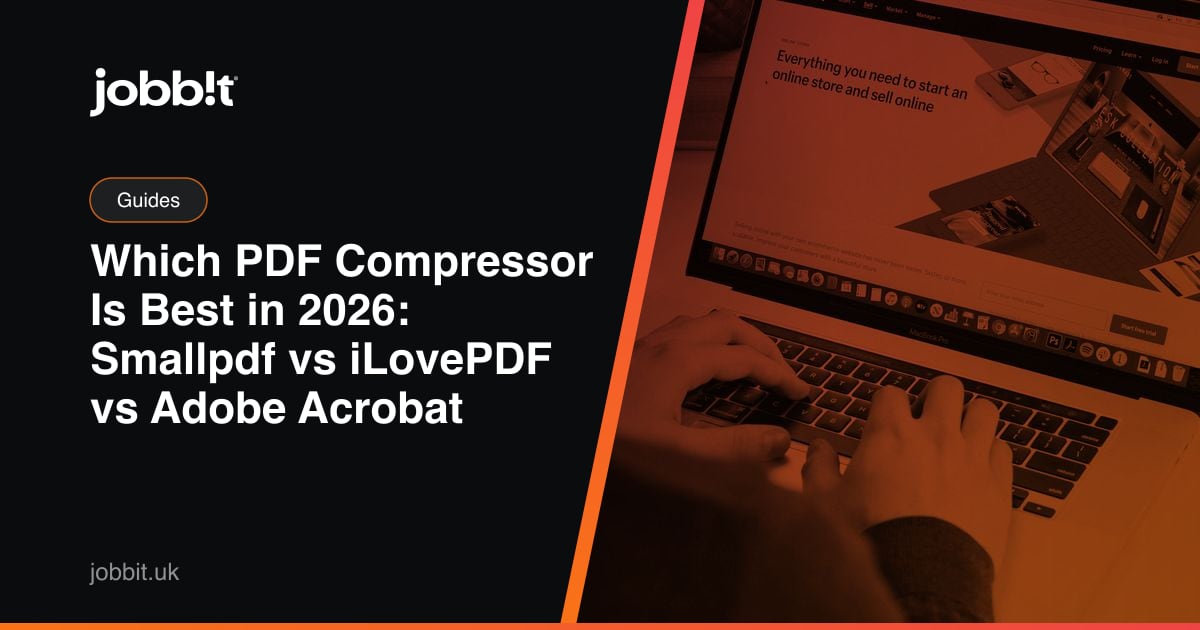 Obálka blogu Jobbit porovnávajúca Smallpdf, iLovePDF a Adobe Acrobat pri zmenšovaní PDF